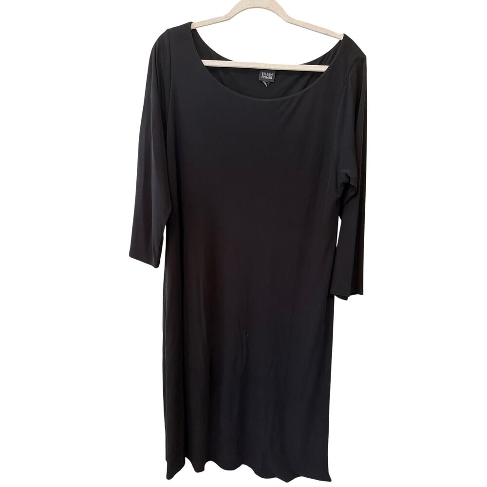 Eileen Fisher Black Shift Dress Women's Size XL Midi 100% Silk Minimalist Chic
